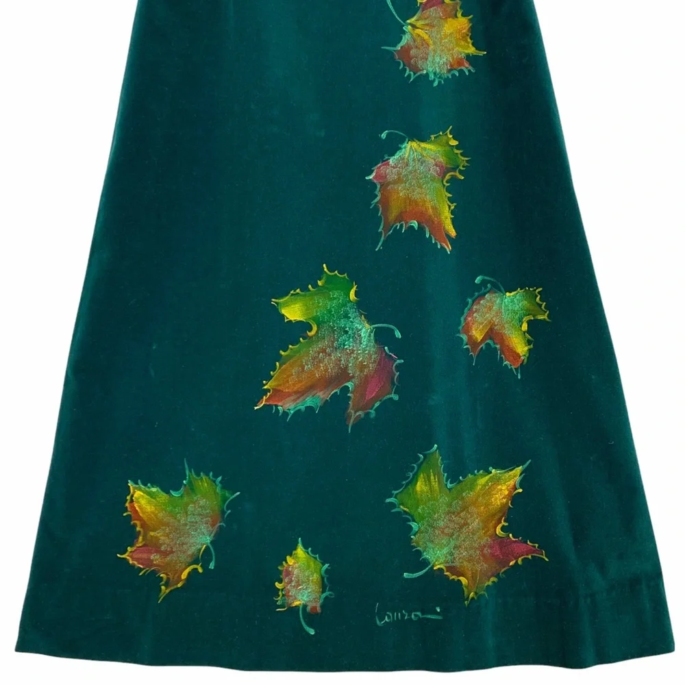 Vintage Italian Made Heavy Weight Green Velvet Skirt Custom Hand Painted Leaves